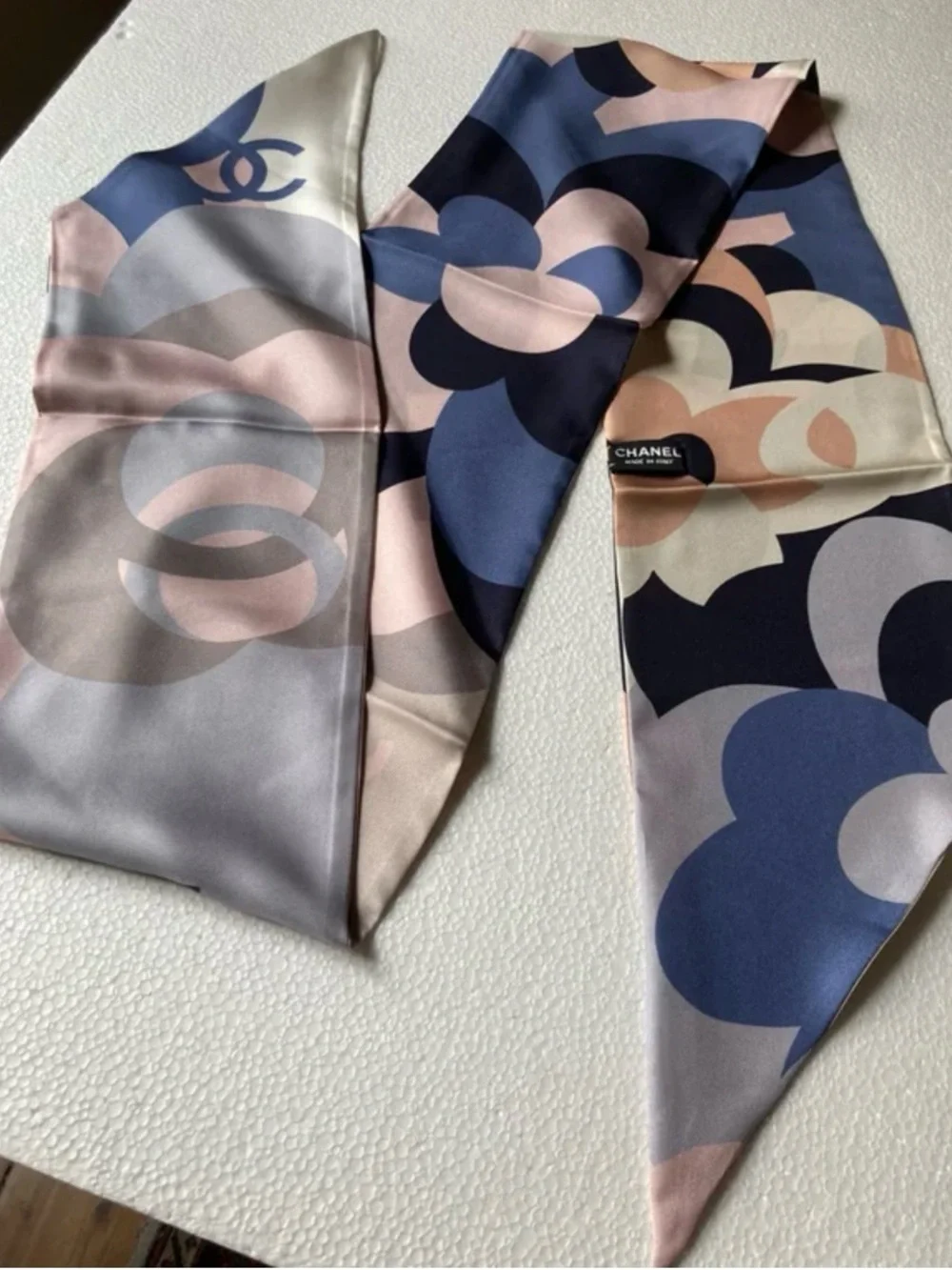 CHANEL Navy, Pink & Cream CC Motif Silk Scarf
